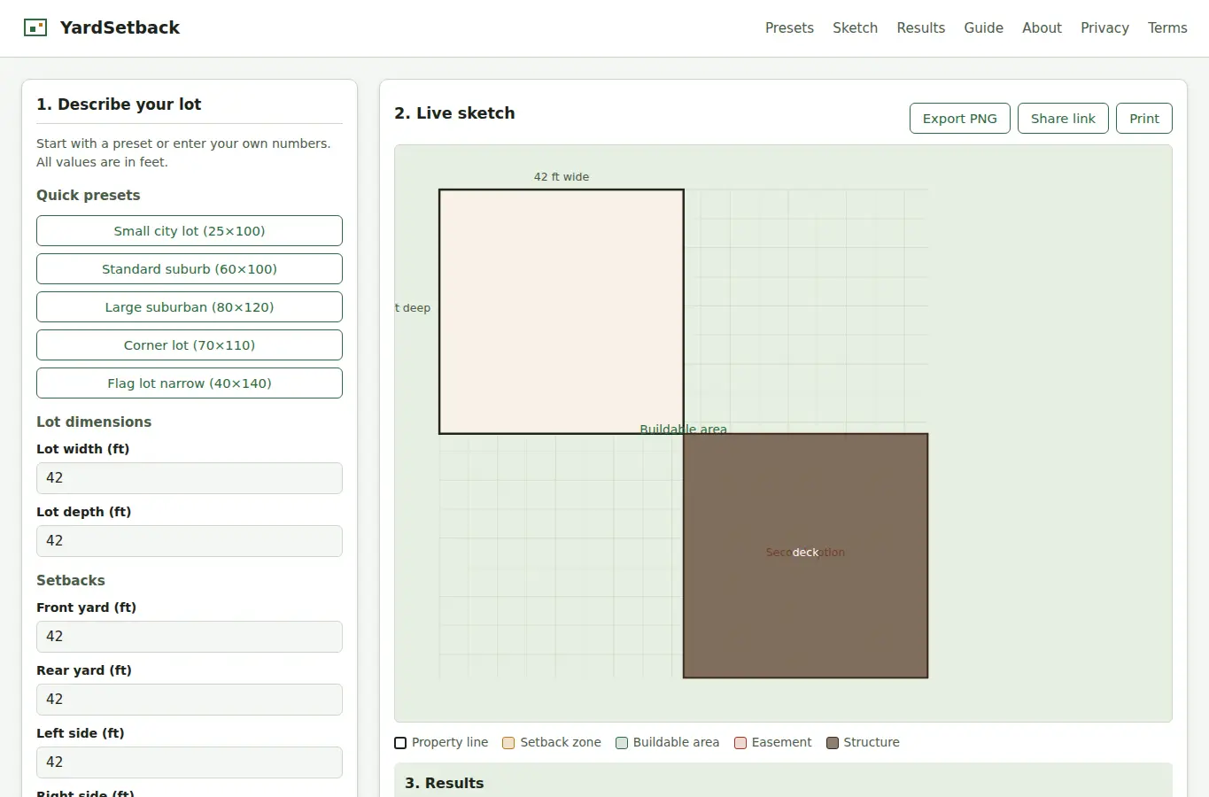 Screenshot of YardSetback interface showing the project page in use